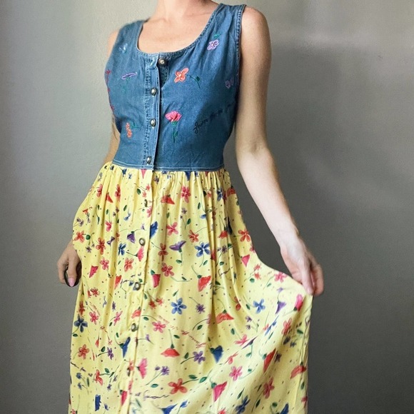 Vintage 1990s Denim + Yellow Floral Flowy Button Up Maxi Dress - Picture 2 of 6